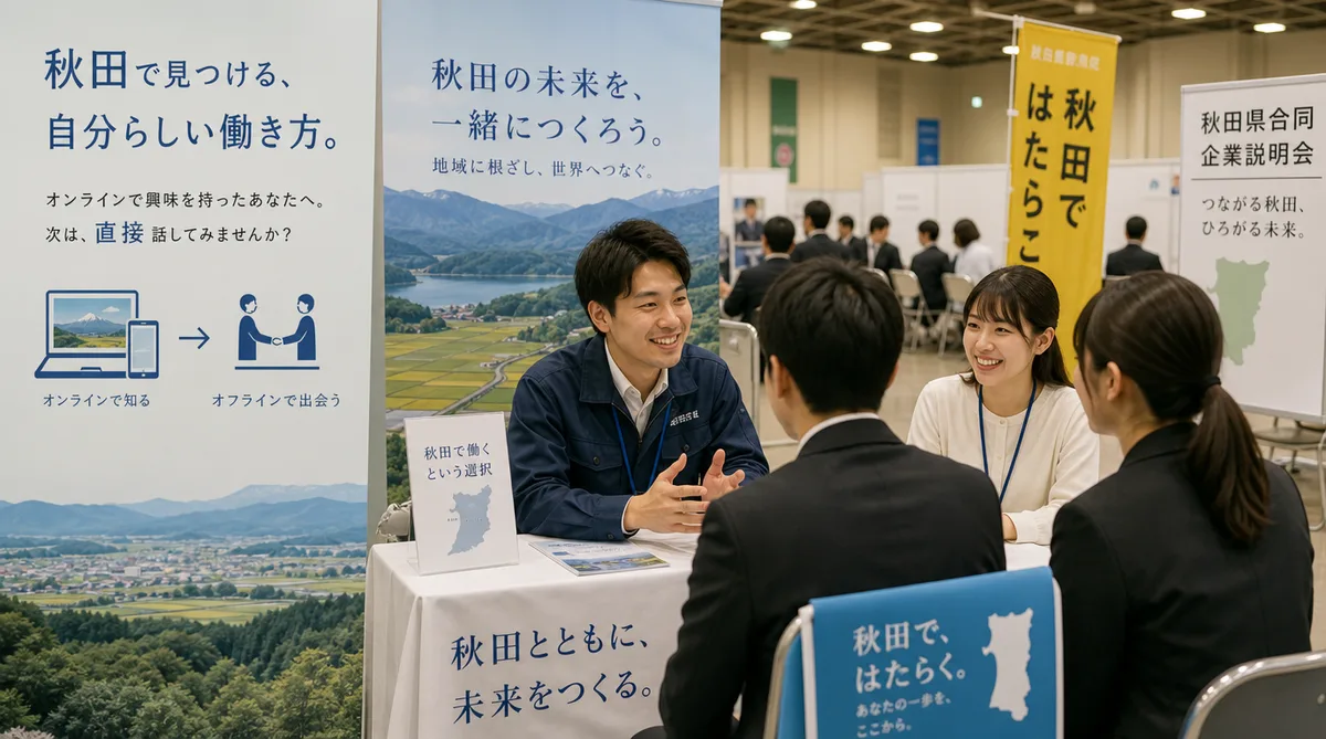 秋田の合同企業説明会ブースで相談する求職者