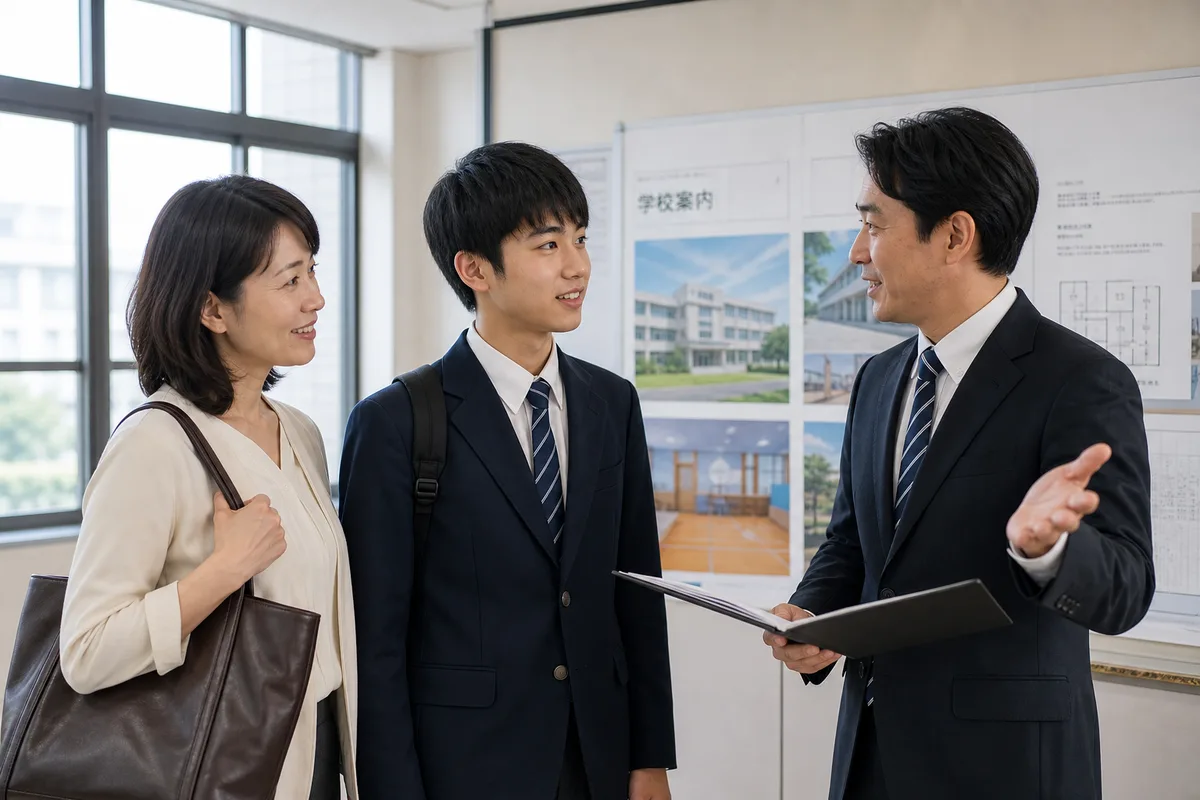 学校見学で説明を受ける学生と保護者