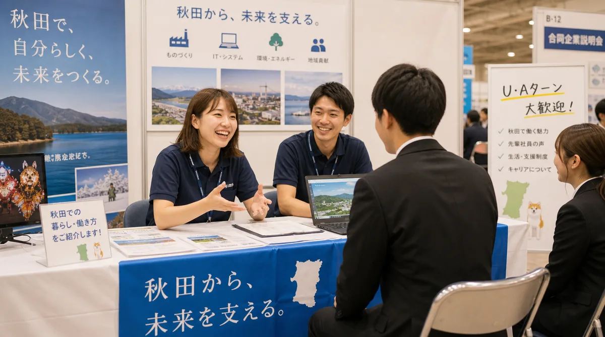 合同企業説明会のブースで学生と話す採用担当者