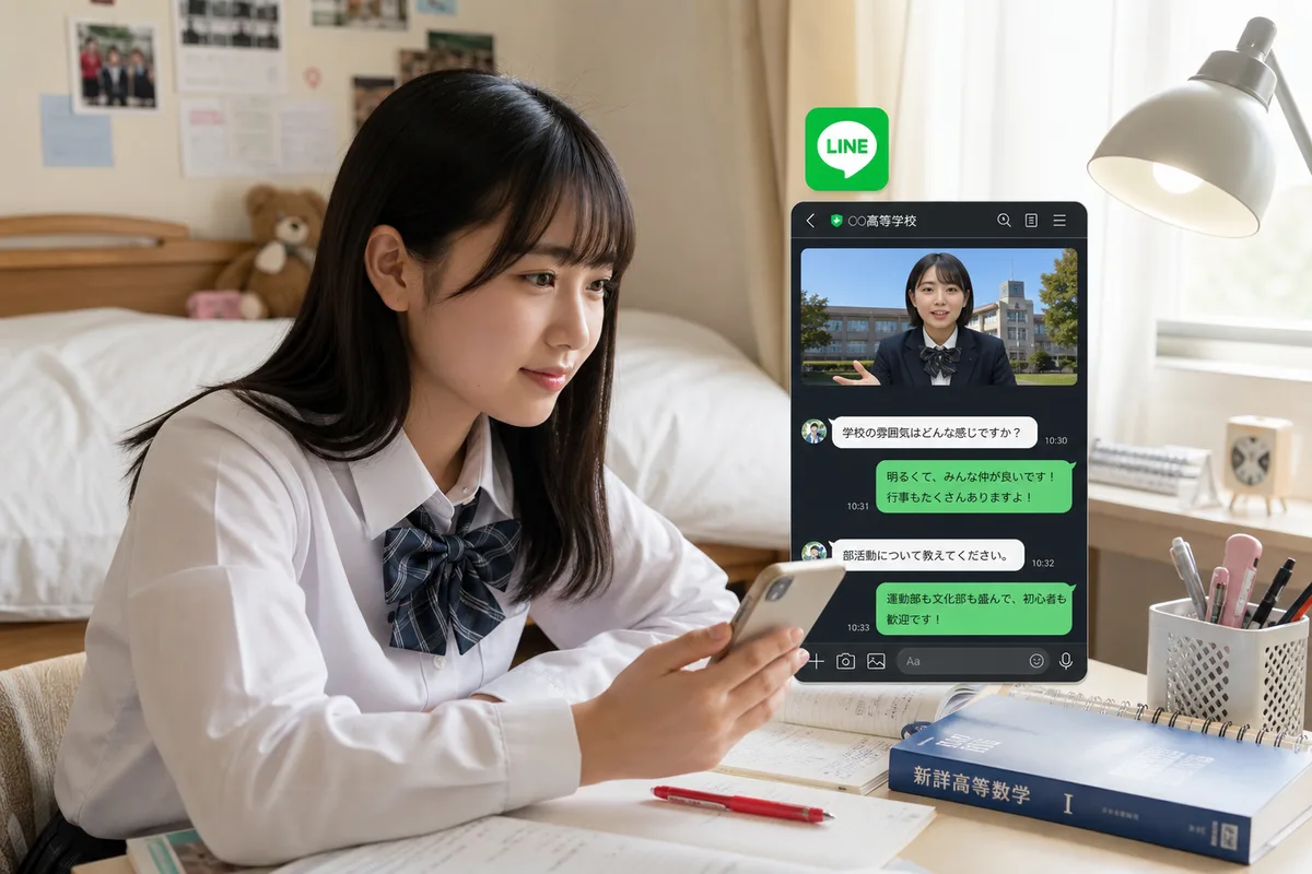 スマートフォンで学校の紹介動画を見る高校生