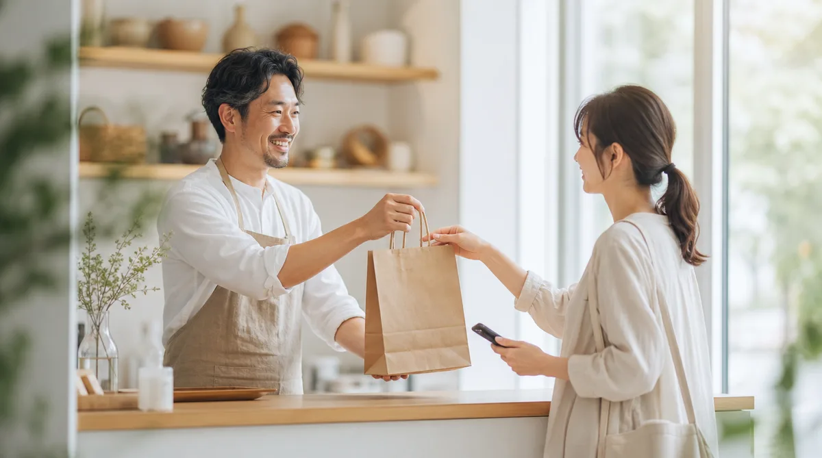店頭で商品を手渡す店主とお客様
